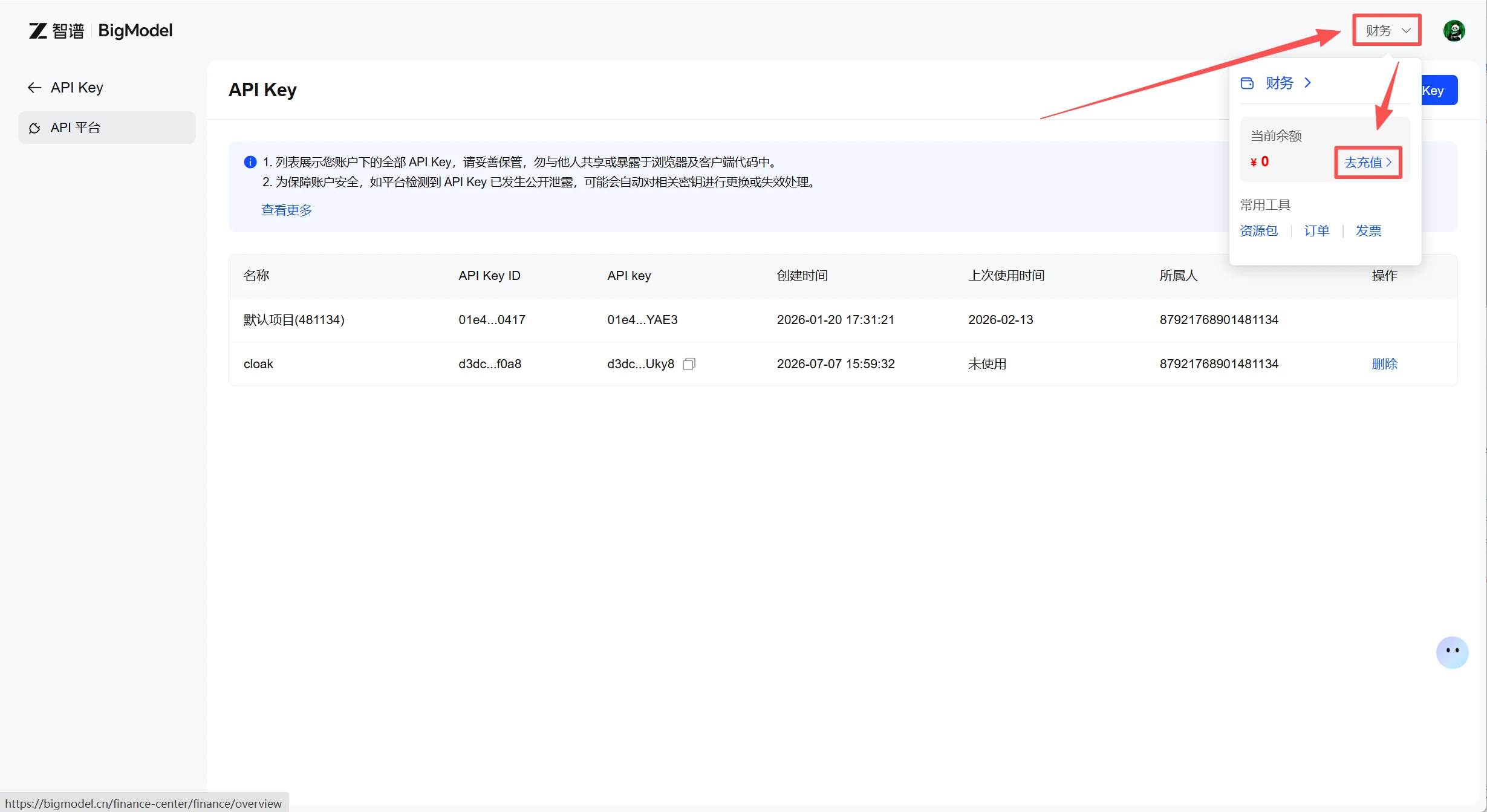 智谱开放平台 API Key 的复制按钮