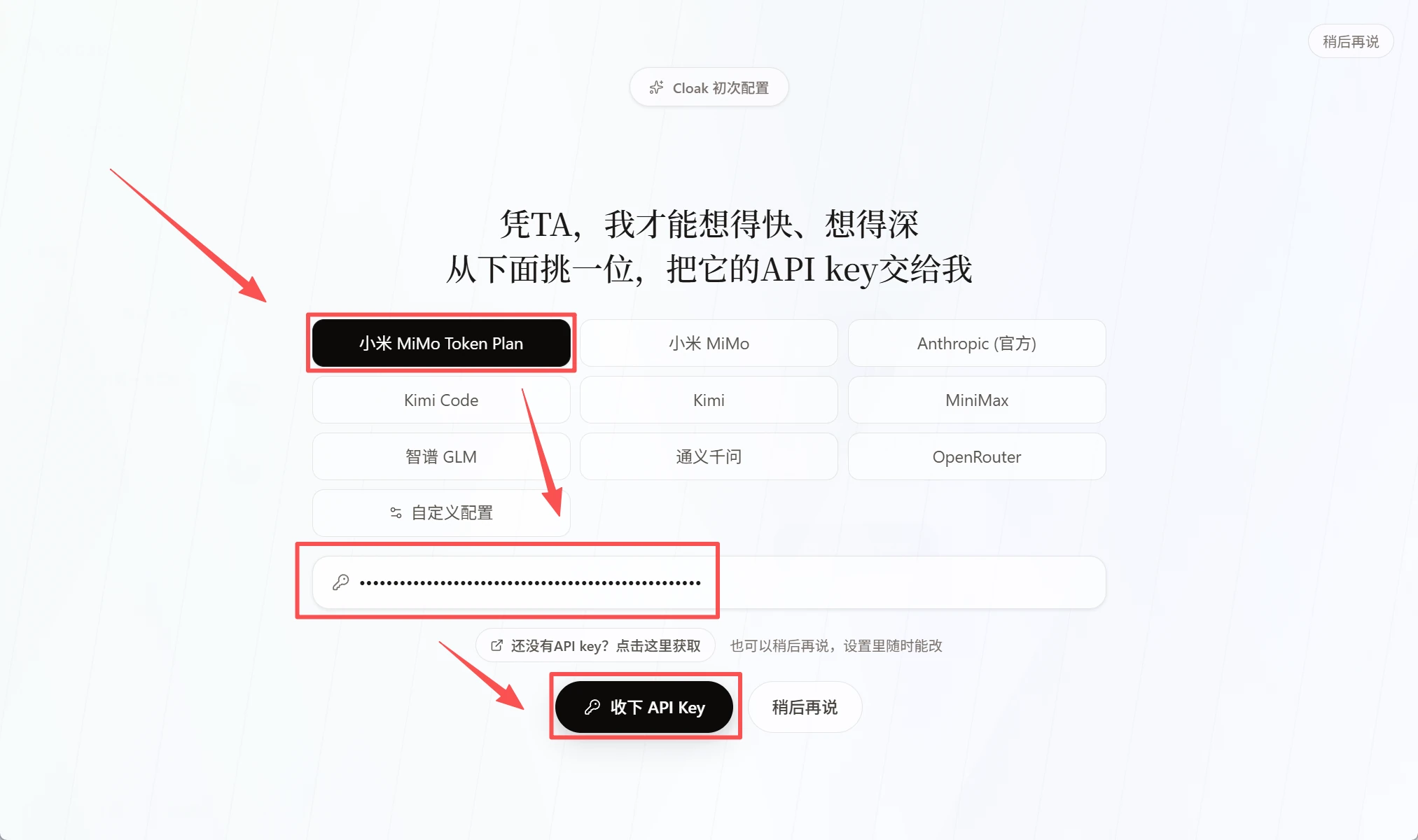 CLOAK 新手引导中的小米 MiMo Token Plan 选项和 API Key 输入框